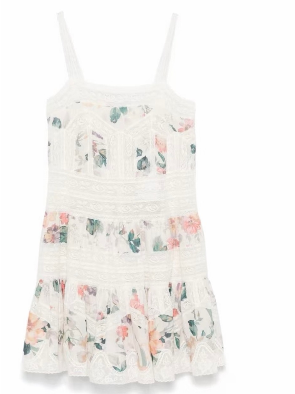Zimmermann White Floral Lace Midi Dress with Pink and Green Accents